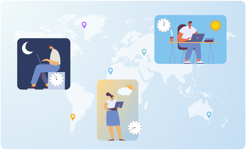Illustrated map showing three people working remotely on laptops in different time zones, with clocks, sun, moon, and location markers indicating global connectivity, highlighting the use of a social media scheduler | plannthat.com