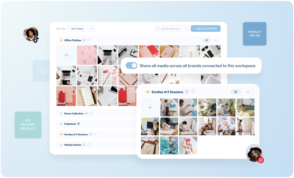 Digital workspace interface showing media collections like "Office Flatlays" and "Sunday Art Sessions," with options to share media across brands, sort, and add collections. Two user profile images are visible | Social media scheduler | plannthat.com