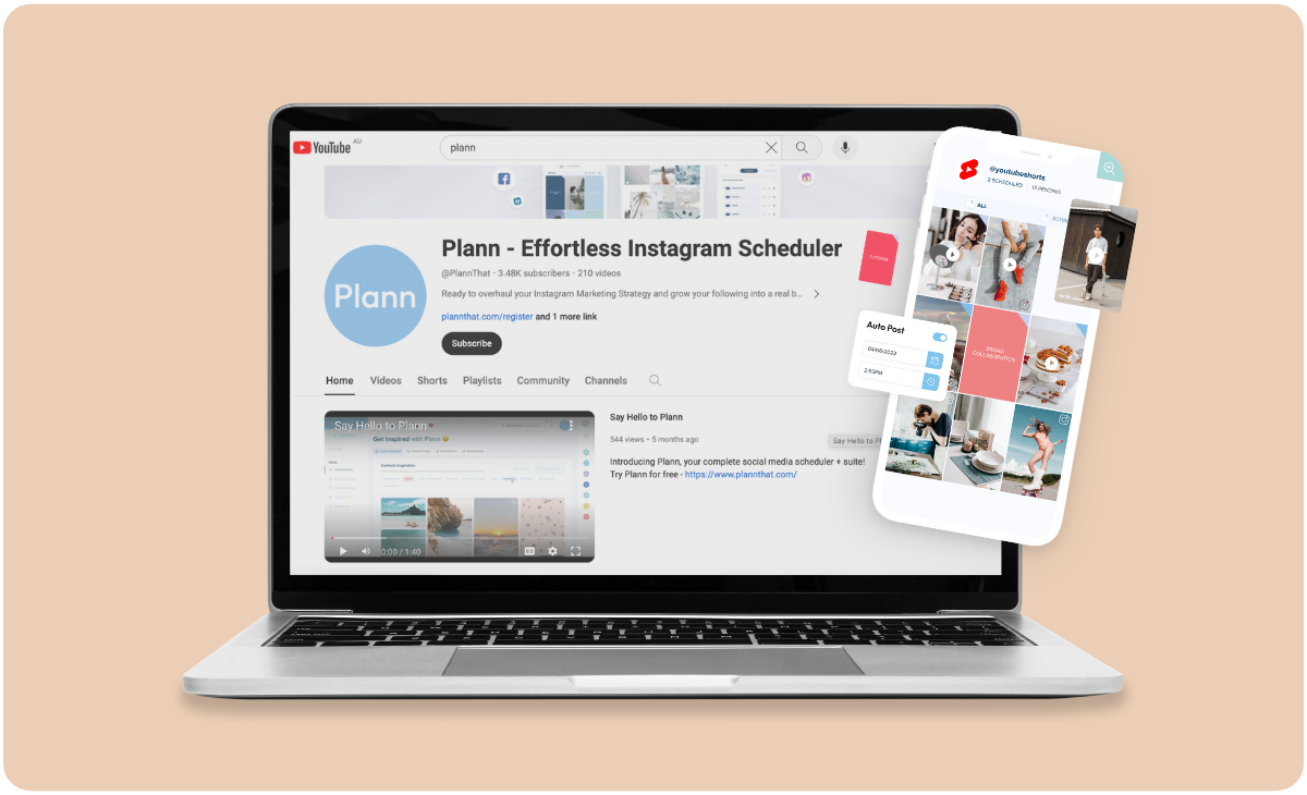 A laptop displays a YouTube channel named "Plann - Effortless Instagram Scheduler" with a mobile phone showing the Plann app interface, featuring videos and playlists to help users optimize their Instagram marketing strategies | plannthat.com