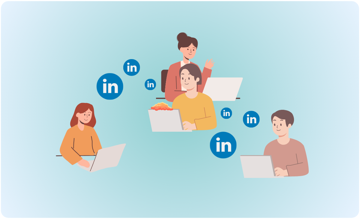 Illustration of four people using laptops with LinkedIn logos, symbolizing networking and building connections on LinkedIn. Light blue background with individuals engaged in online communication, representing professional interaction and engagement. | plannthat.com