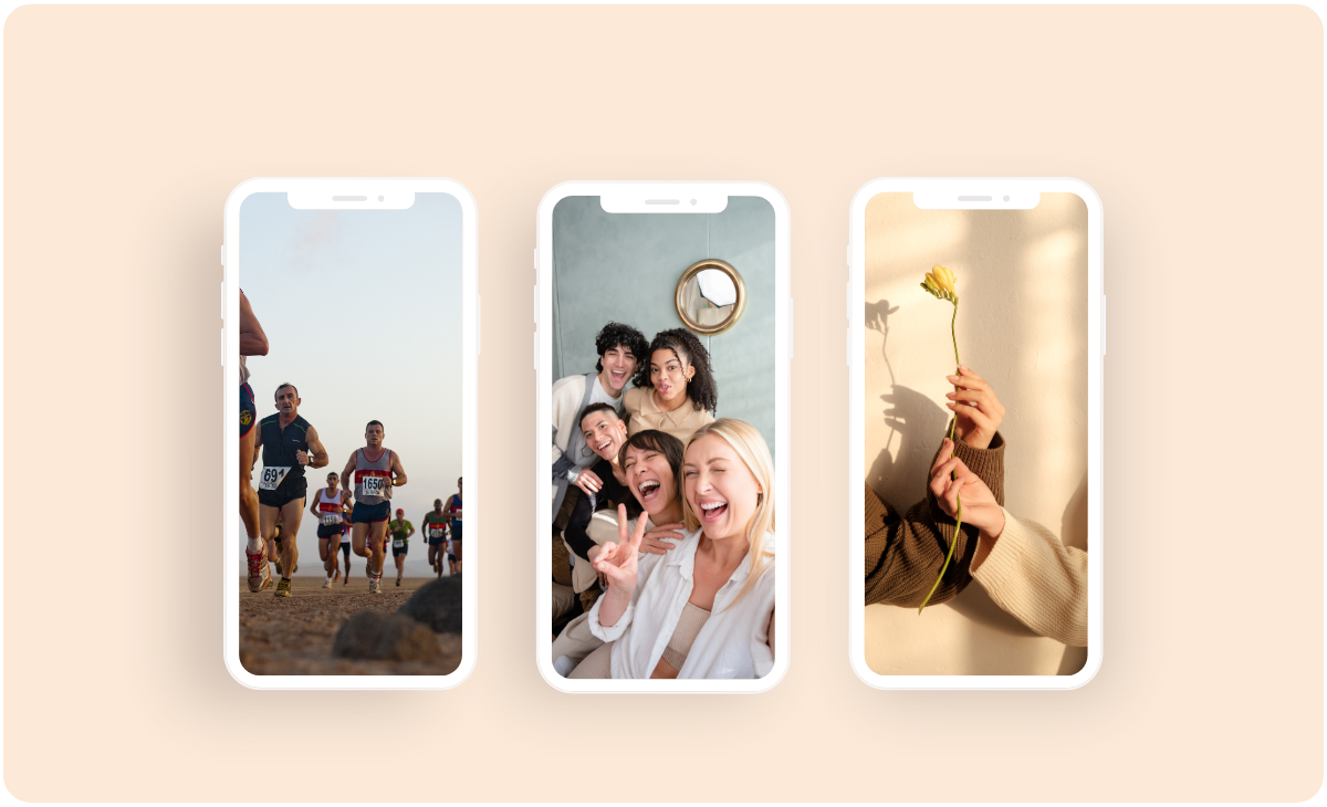 Three smartphones display different images: runners in a race, a group of friends smiling and posing, and a hand holding a yellow flower against a beige background, showcasing the versatility of a social media scheduler | plannthat.com