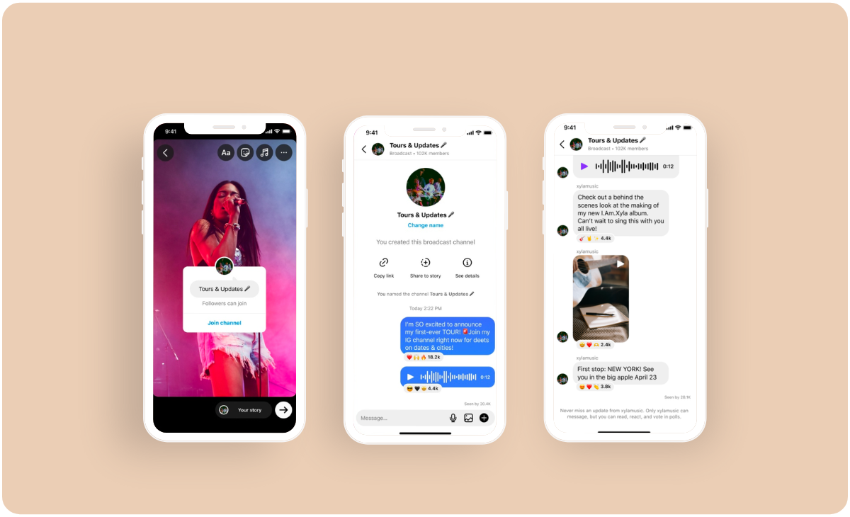 Three smartphones display Instagram Broadcast Channels: the first shows a musician performing, the second features a chat interface, and the third displays a conversation with text and images, all set against a light beige background. This highlights the use of an Instagram scheduler for small businesses. | plannthat.com