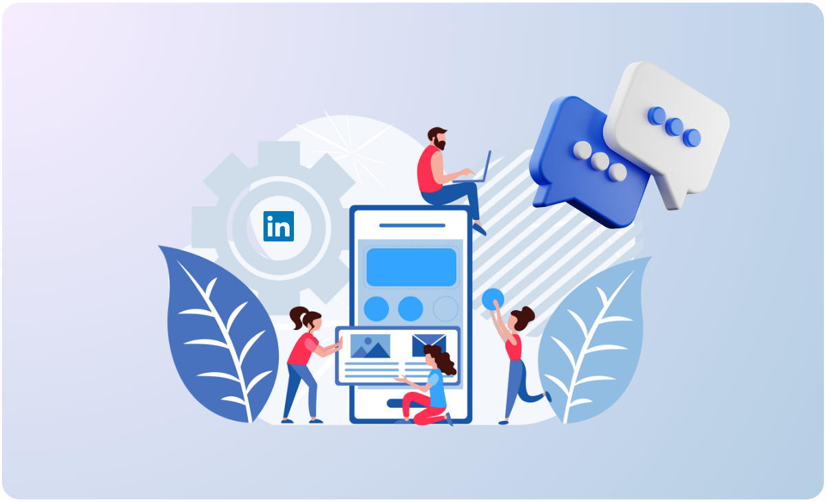 Illustration of four people interacting with a large smartphone, LinkedIn logo, gears, and speech bubbles, symbolizing communication and social media engagement, highlighting the use of a social media planner | plannthat.com