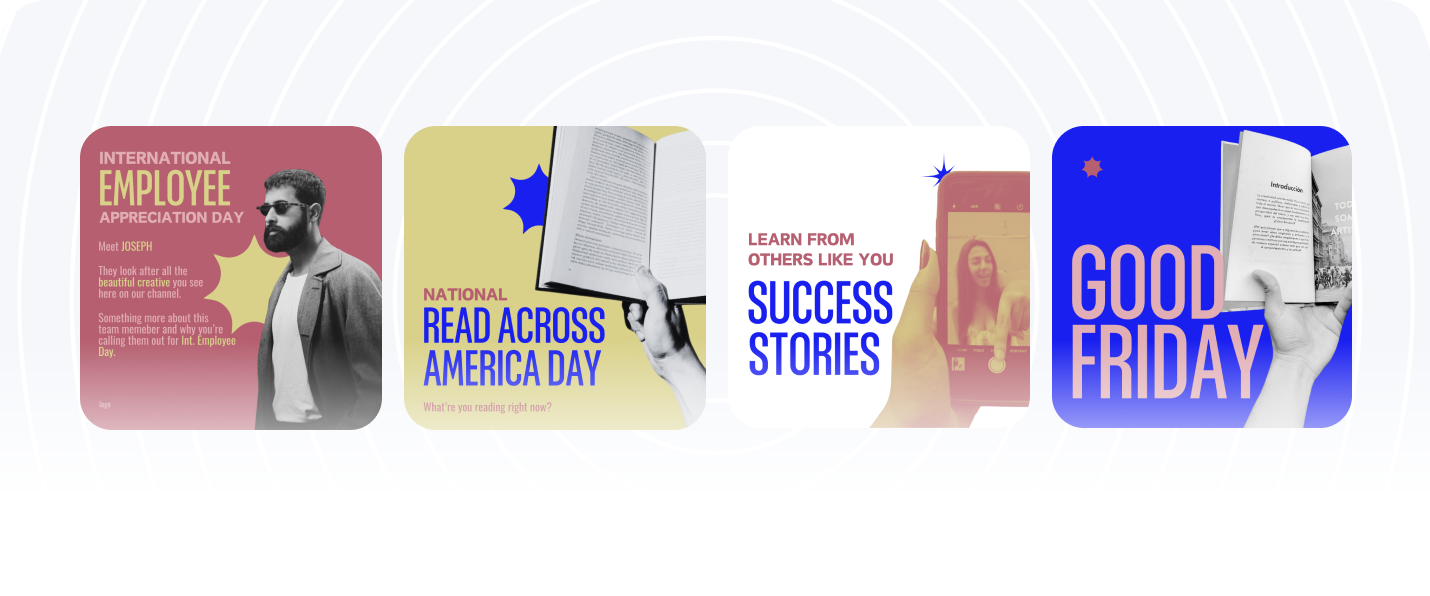 Four promotional banners: International Employee Appreciation Day featuring a bearded man, National Read Across America Day with a hand holding an open book, Success Stories highlighting learning from others, and Good Friday with a hand holding a cross | Social media scheduler | plannthat.com