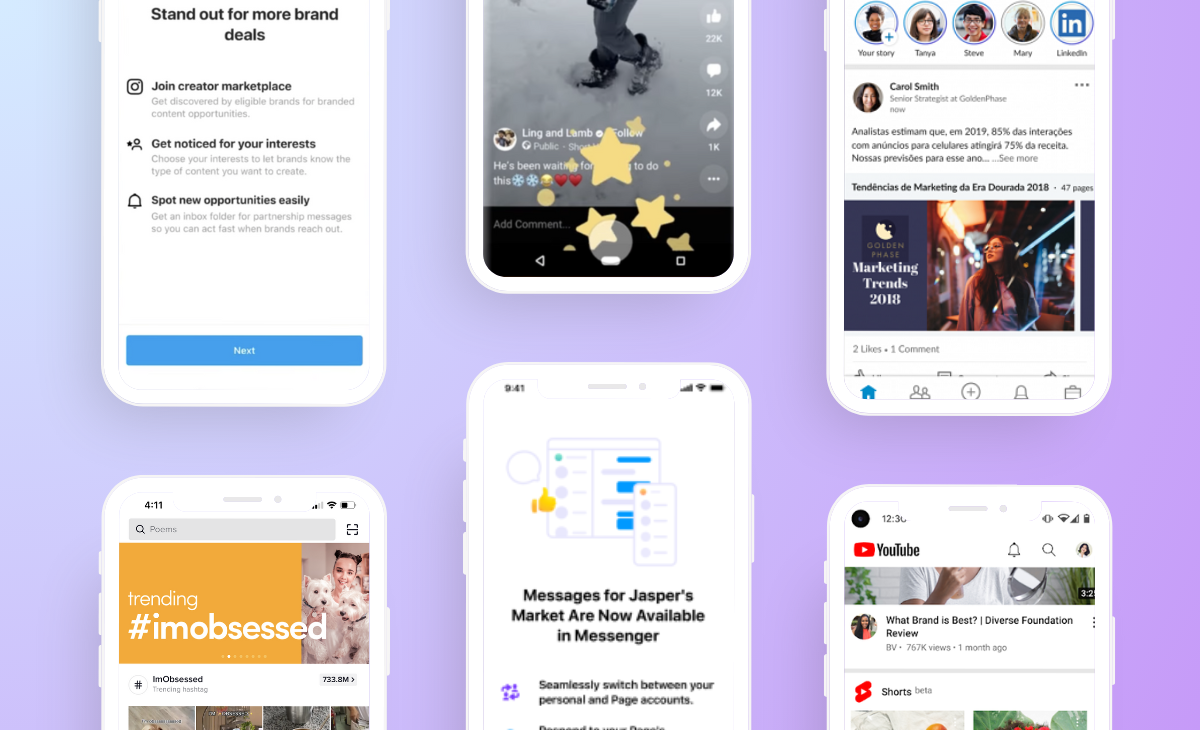 A collage of social media updates for 2024, featuring LinkedIn, Instagram, Facebook, and YouTube. The image highlights new features, creator tools, and trending content on smartphone screens with a clean, modern design, ideal for a social media planner | plannthat.com