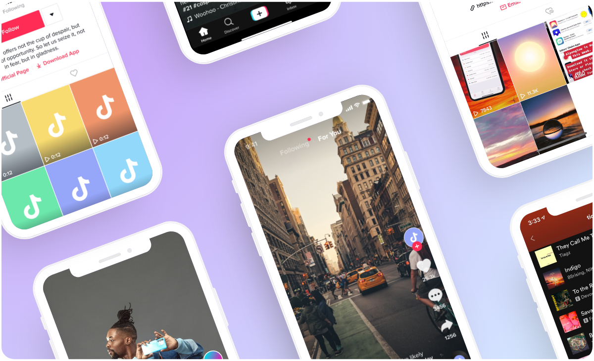 A collection of smartphones displaying various TikTok app screens on a purple gradient background, showcasing the app's interface and features like video feeds, user profiles, and content creation tools, ideal for a social media planner | plannthat.com