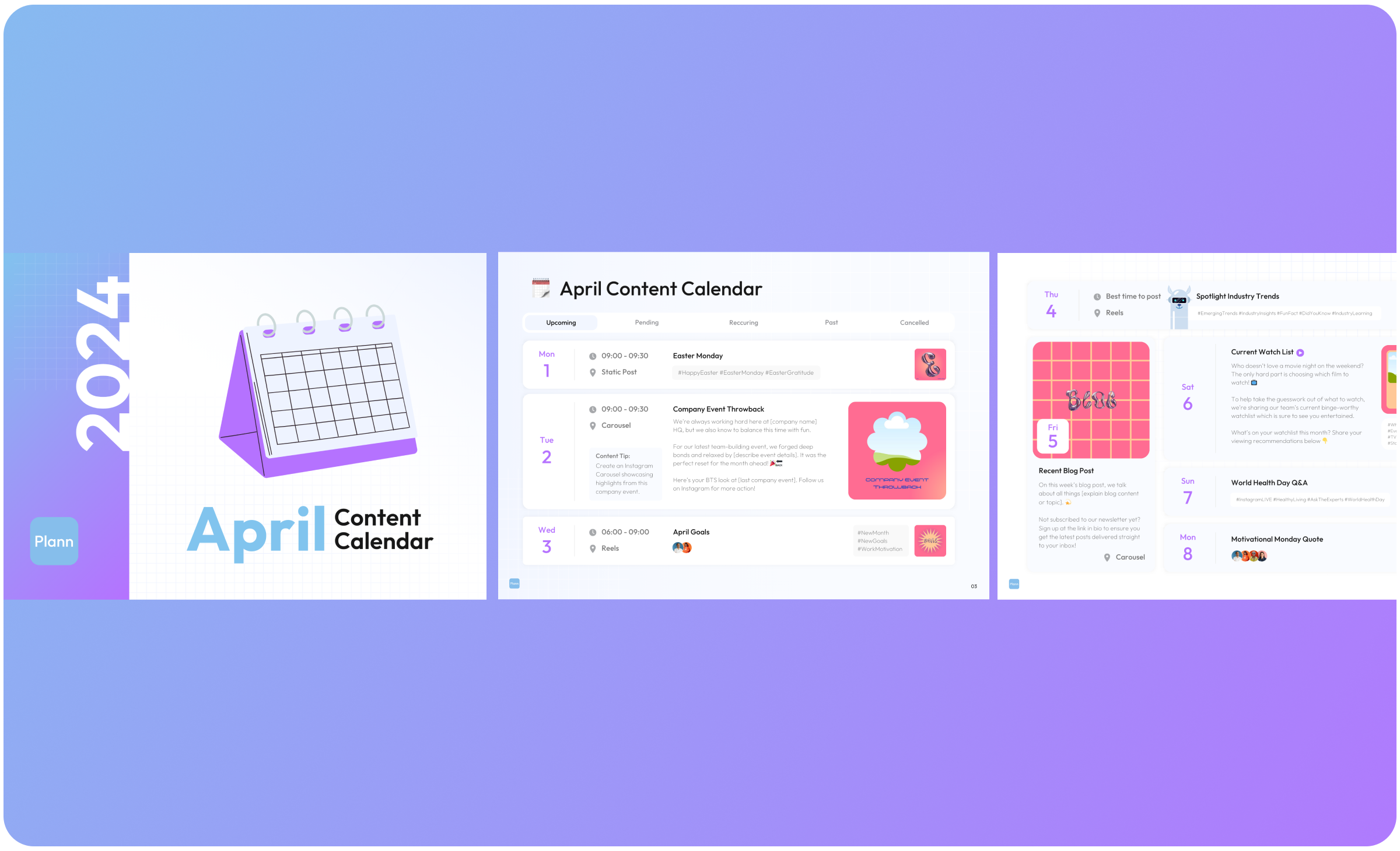 April 2024 content calendar by Plann, featuring a weekly schedule with various content types like static posts, carousels, reels, and blog posts displayed on a gradient background | Social media planner | plannthat.com