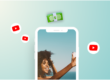 A person taking a selfie on a smartphone with YouTube icons and a bundle of cash symbolizing monetization opportunities on the platform, highlighting the benefits of using a social media scheduler | plannthat.com