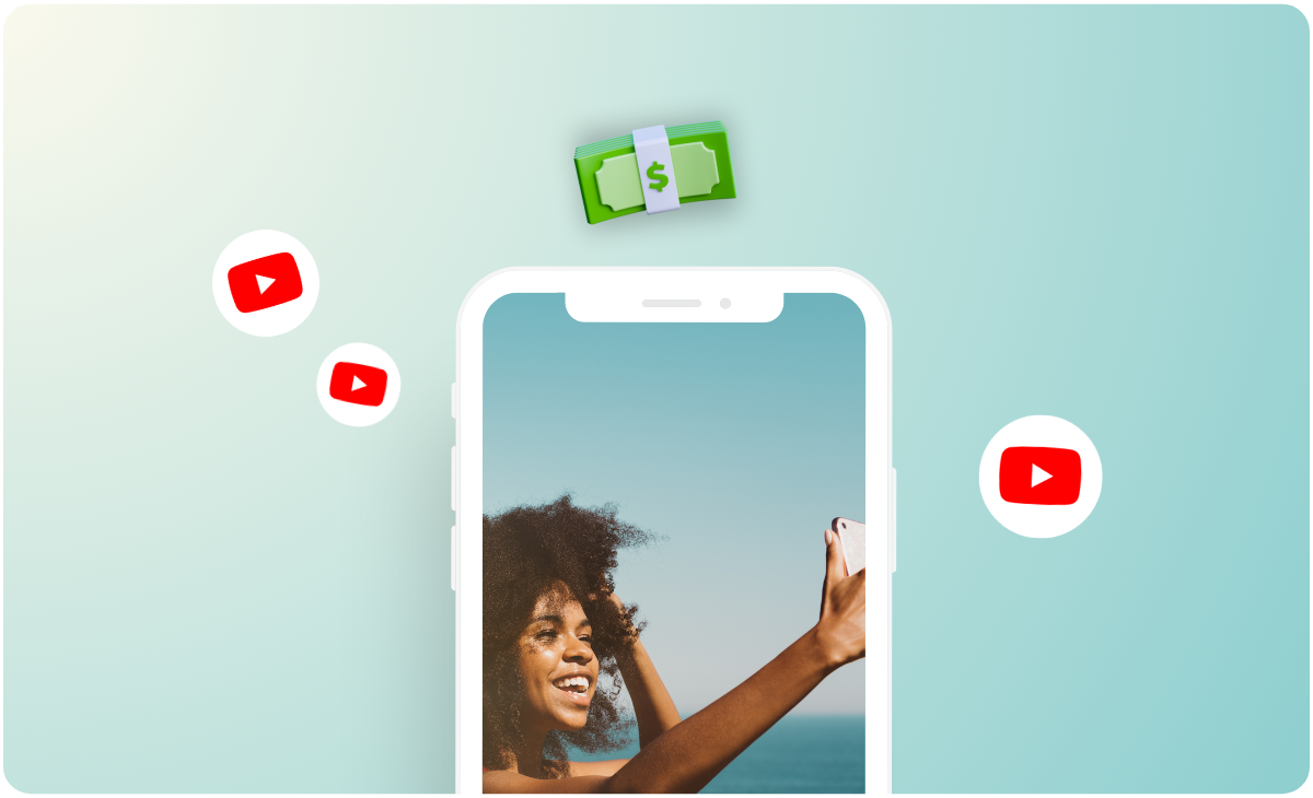 A person taking a selfie on a smartphone with YouTube icons and a bundle of cash symbolizing monetization opportunities on the platform, highlighting the benefits of using a social media scheduler | plannthat.com
