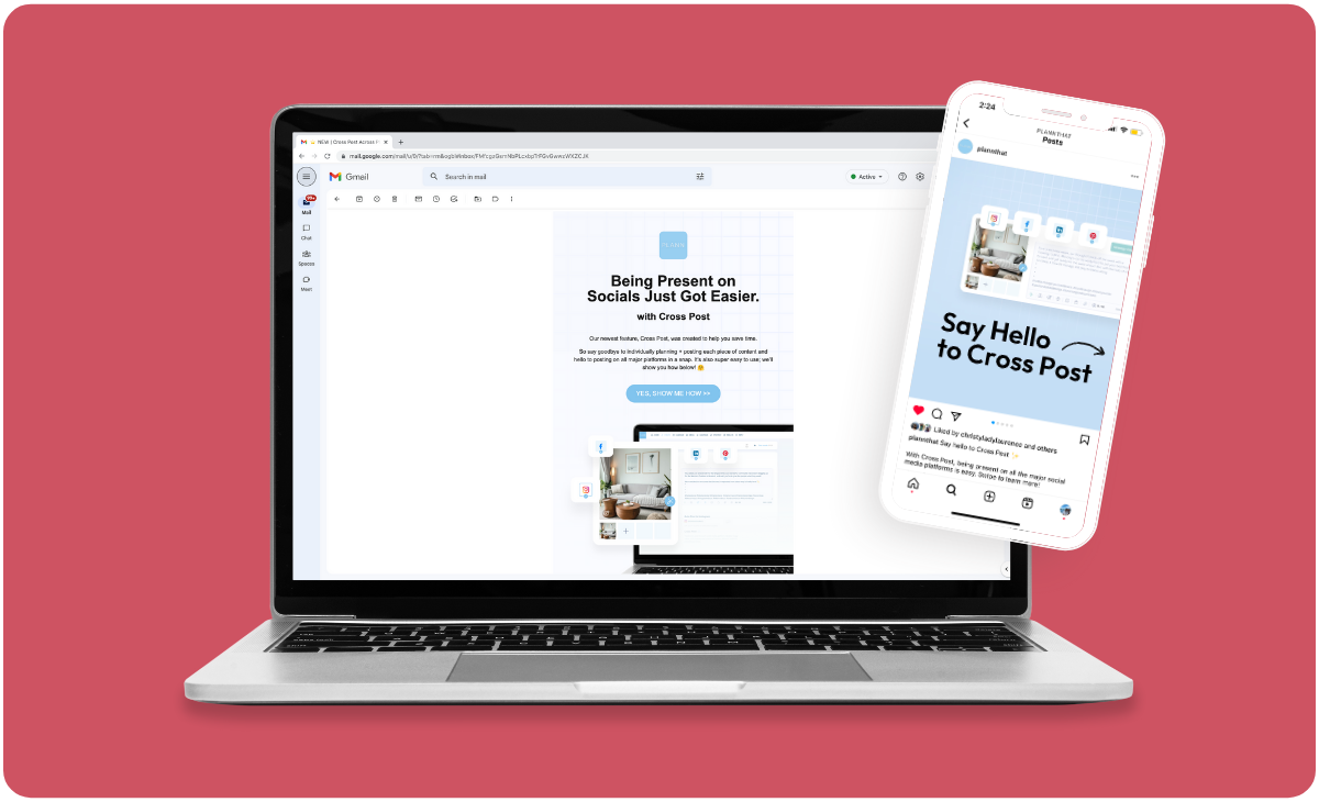 A laptop displaying an email about social media cross-posting, with a smartphone showing an Instagram post about cross-posting, set against a red background emphasizing the devices and their screens | Social media scheduler | plannthat.com