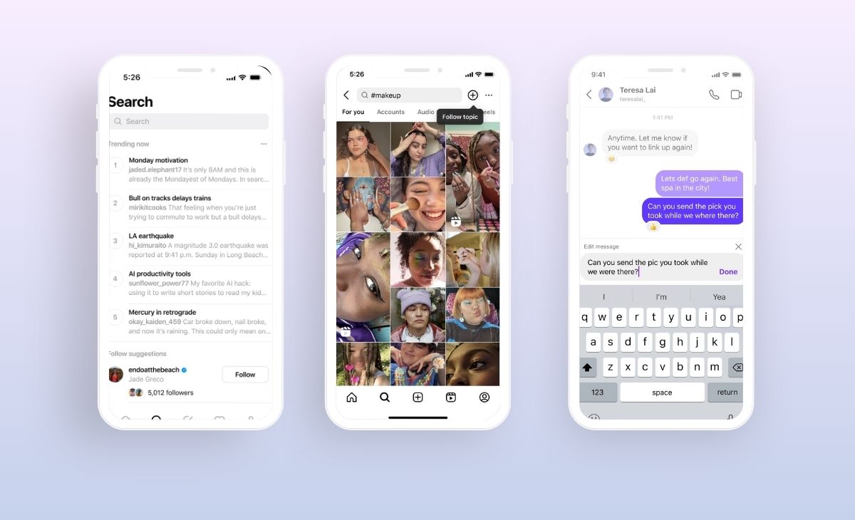 screenshots of Instagram Social Media Updates for Search, Follow Topics and DMs