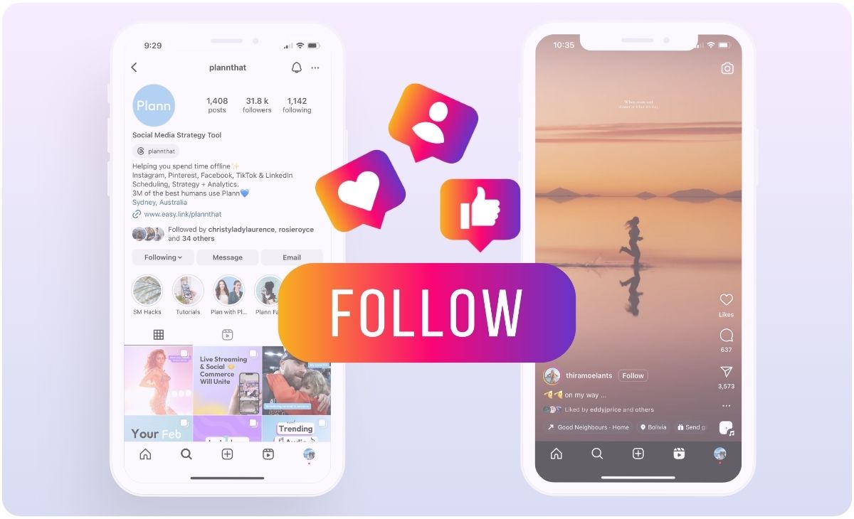 Two smartphones display Instagram screens, one showing a profile and the other a post with a sunset and a runner, with icons for likes, comments, and follows, and a central "FOLLOW" button, promoting gaining Instagram followers using a social media planner | plannthat.com