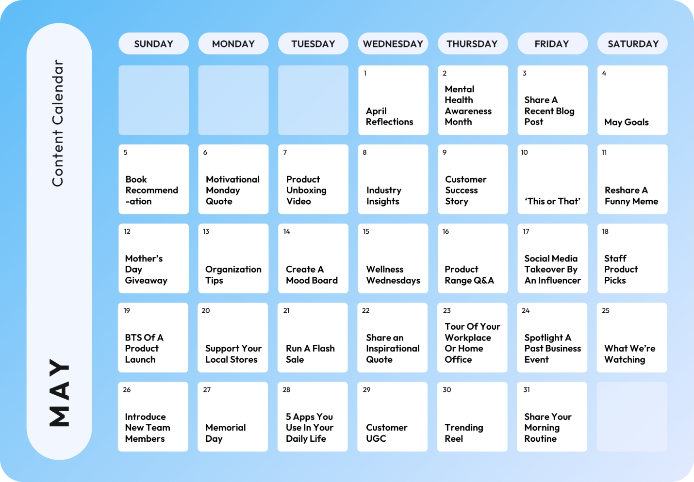 May content calendar with daily themes for social media posts, including motivational quotes, product unboxing videos, industry insights, and customer success stories, designed to engage audiences and maintain consistent posting | Social media planner | plannthat.com