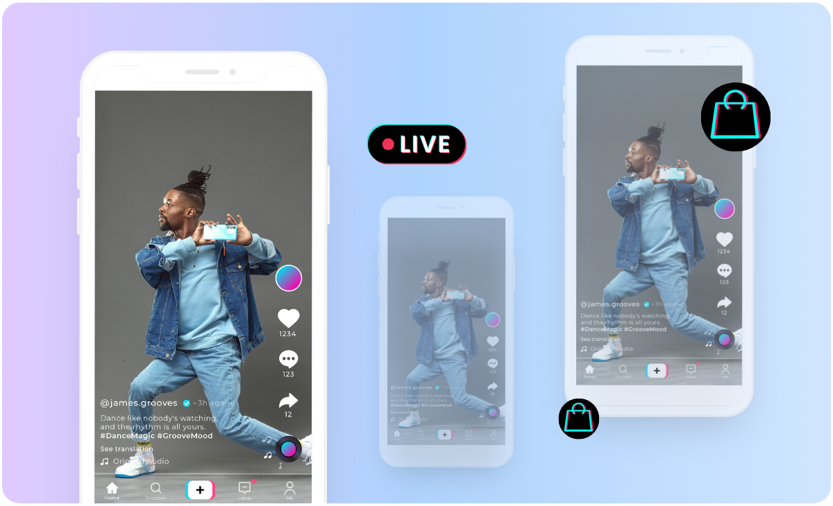 Three smartphones display a TikTok live stream featuring a person dancing with e-commerce icons and a "LIVE" indicator, set against a blue and purple gradient background, showcasing social media planner integration | plannthat.com