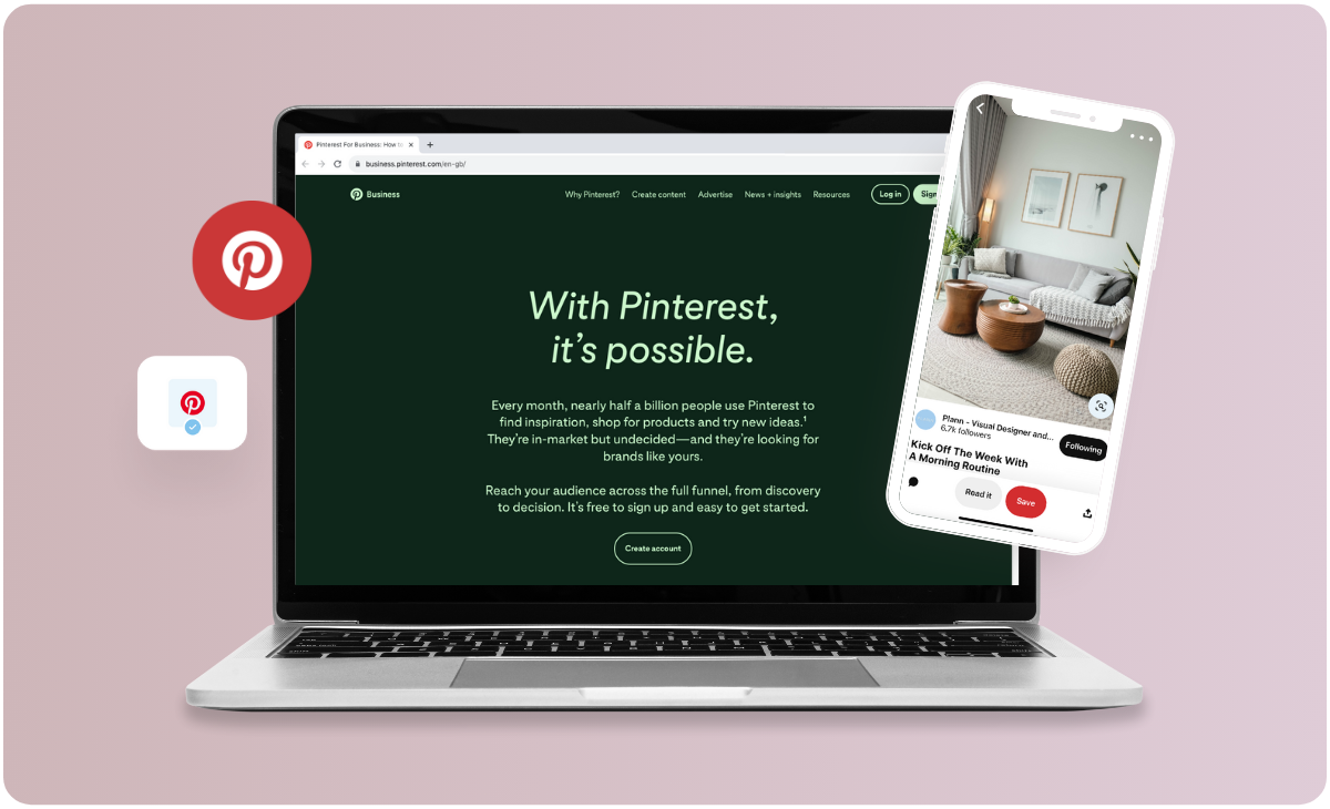 A laptop displaying the Pinterest business account setup page alongside a smartphone featuring a Pinterest post of a modern living room, with the Pinterest logo visible, emphasizing the platform's business potential | Social media planner | plannthat.com