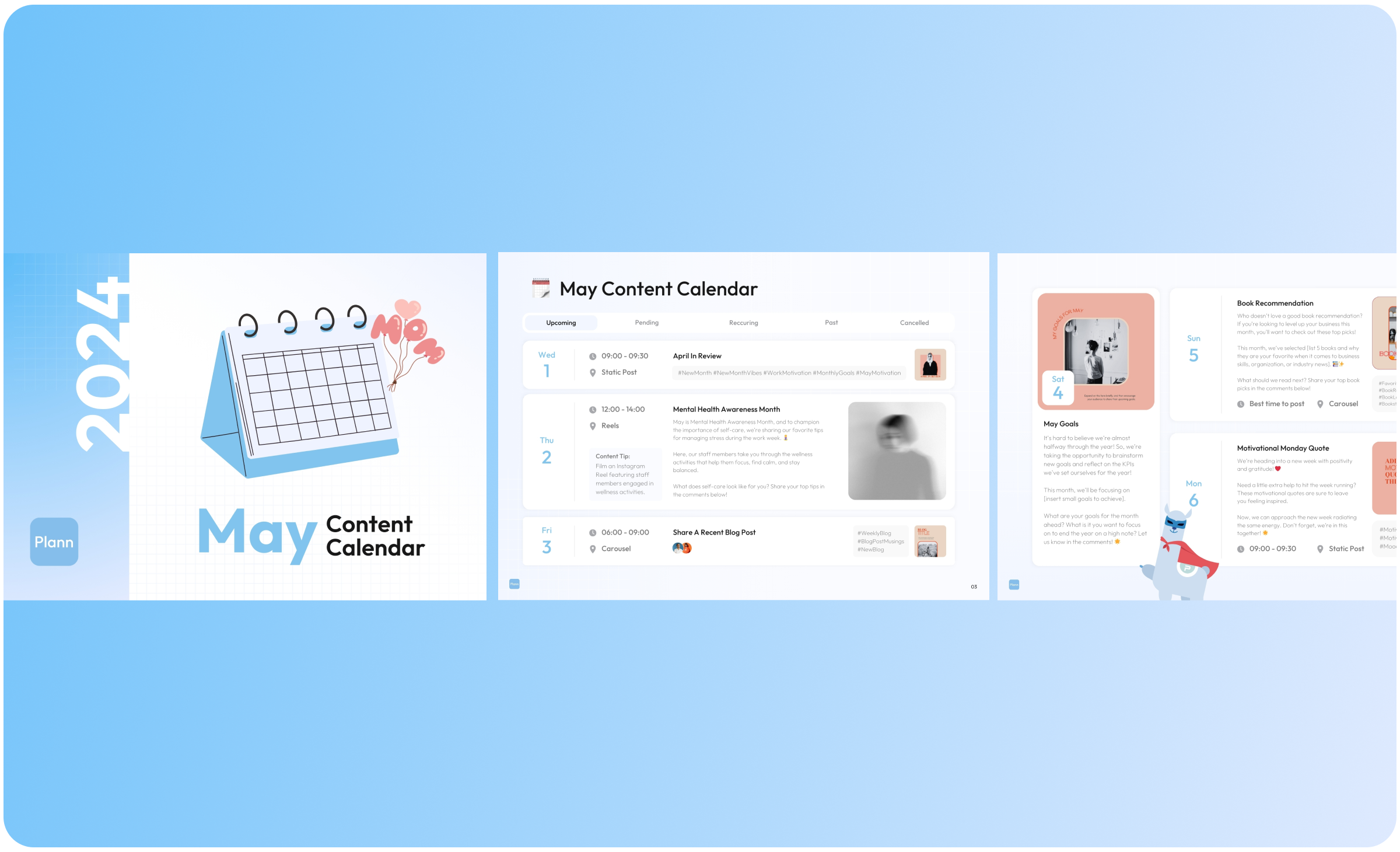 Image of a 2024 May content calendar by Plann, featuring a blue desktop calendar, event listings, and content ideas such as Mental Health Awareness Month and Motivational Monday Quote, ideal for use as a social media planner | plannthat.com