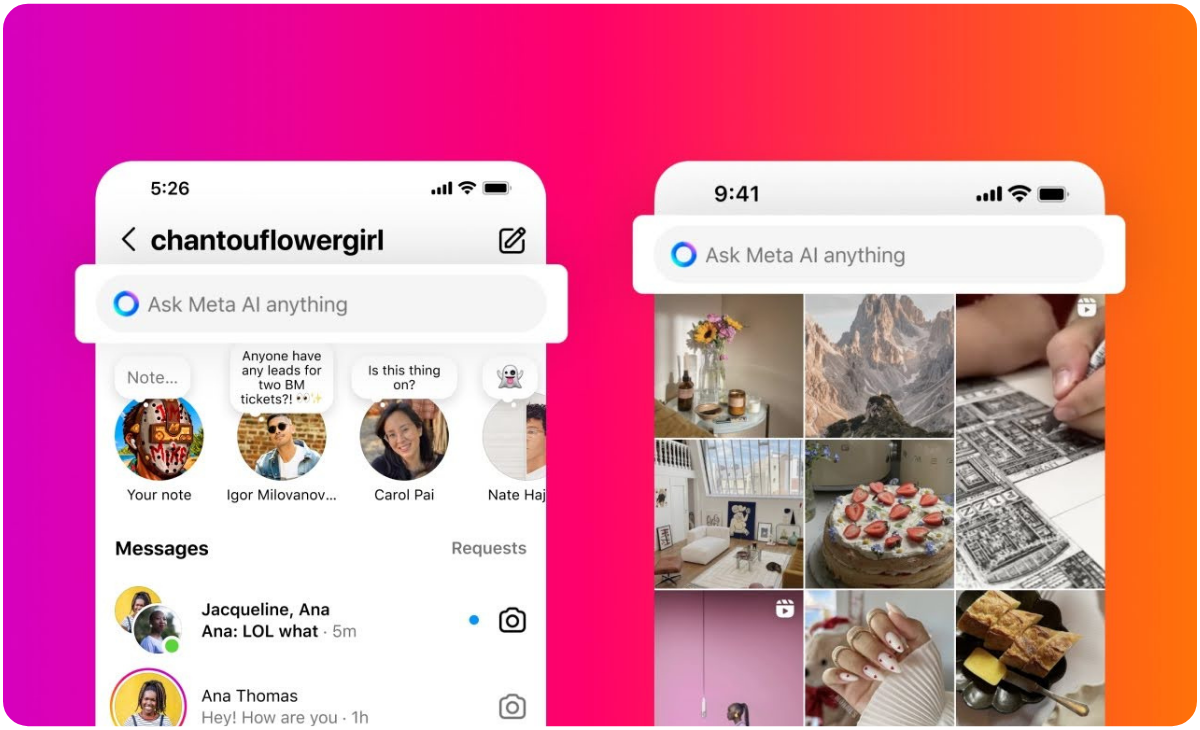 Two phone screens displaying a social media interface with the search bar "Ask Meta AI anything," chat messages, and various media content previews, set against a gradient background transitioning from pink to orange, showcasing a social media planner feature | plannthat.com