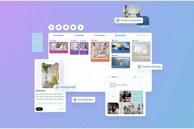 A digital content planning interface displaying social media posts, content inspirations, trending audio, and prompts, with icons for various social media platforms, a scheduling grid, and content examples on a blue and purple gradient background | Social media scheduler | plannthat.com
