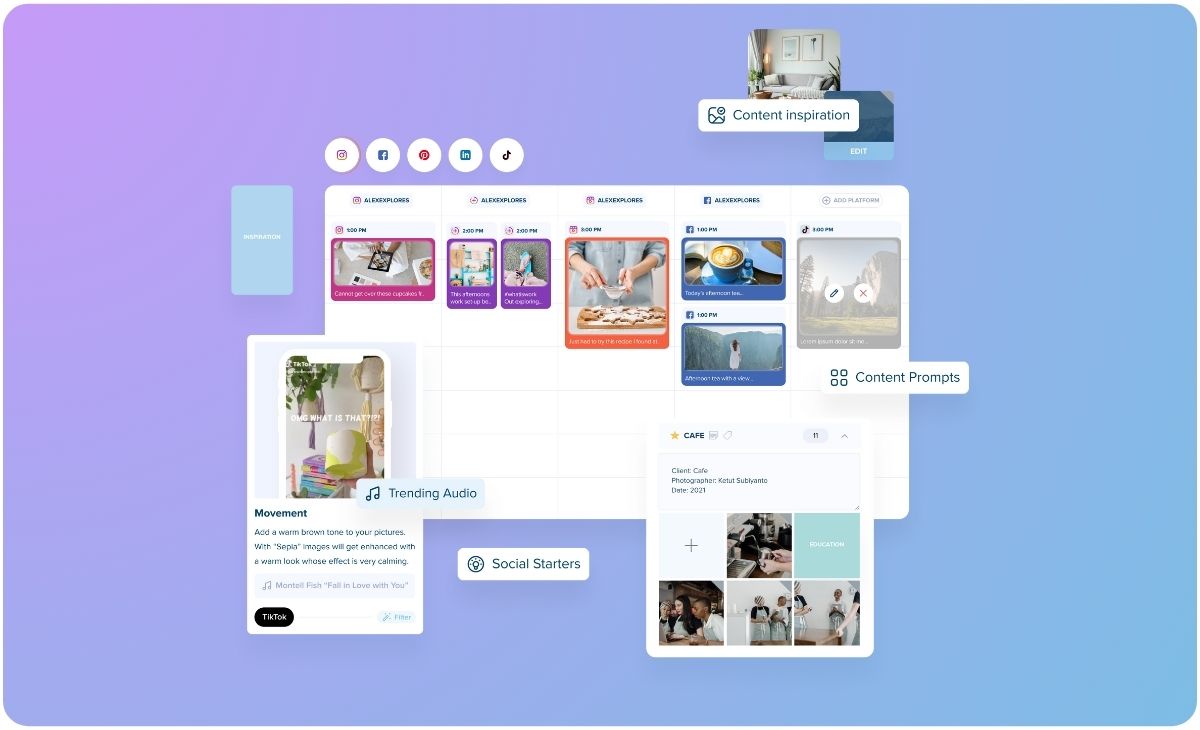 A digital content planning interface displaying social media posts, content inspirations, trending audio, and prompts, with icons for various social media platforms, a scheduling grid, and content examples on a blue and purple gradient background | Social media scheduler | plannthat.com