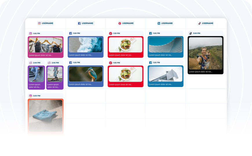 A social media content calendar with various posts scheduled at different times for multiple platforms, including images of food, architecture, nature, and a person taking a selfie outdoors | Social media scheduler | plannthat.com