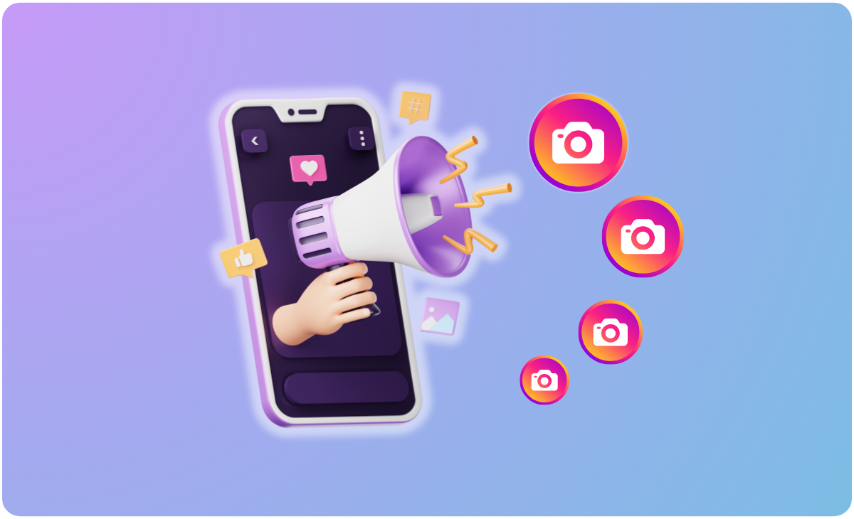 3D illustration of a smartphone with a megaphone and social media icons, symbolizing digital marketing and online engagement on a gradient purple and blue background, highlighting the use of an Instagram scheduler | plannthat.com