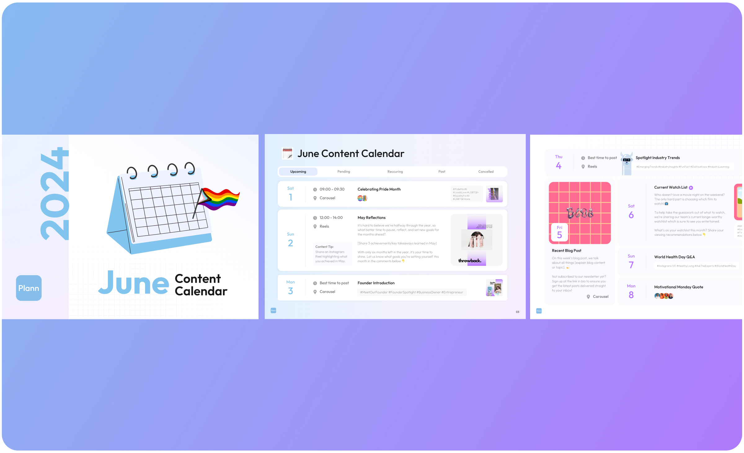2024 June Content Calendar with blue and purple gradient background, calendar icon with rainbow flag, and screenshots of a digital planner showing various content planning sections and tasks for June | Social media planner | plannthat.com