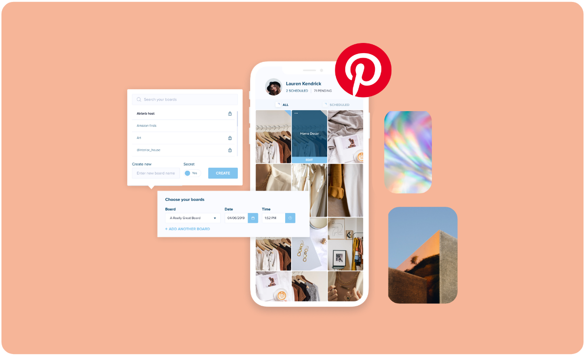 Pinterest mobile interface with boards and scheduling options on a peach background, featuring images of clothes, decor, and abstract visuals | Social media scheduler | plannthat.com