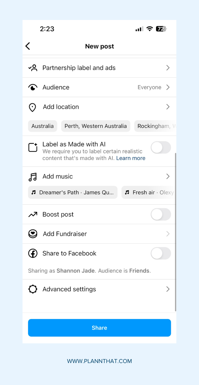 Screenshot of Instagram Posting Page