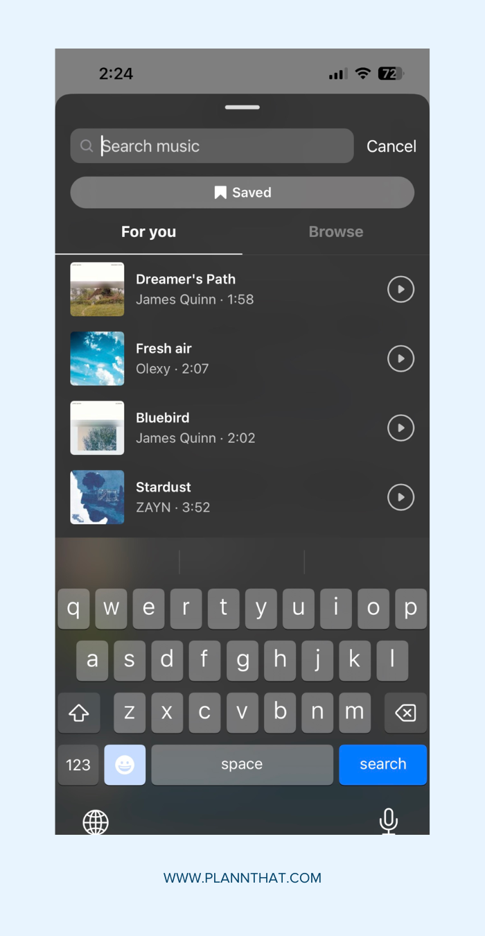 Screenshot of music selection screen on Instagram