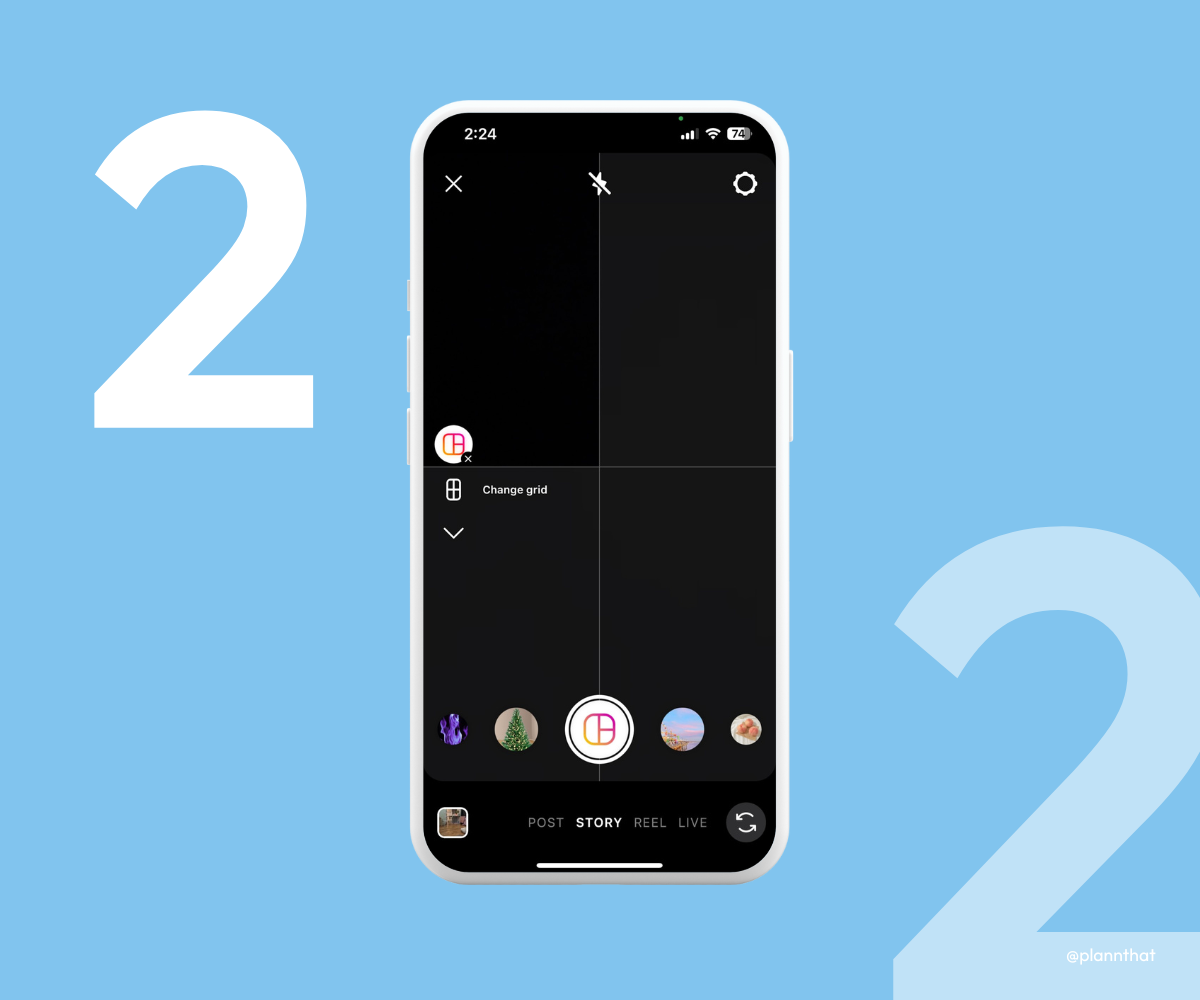 The Instagram stories layout icon is highlighted, with a grid appearing on the screen.