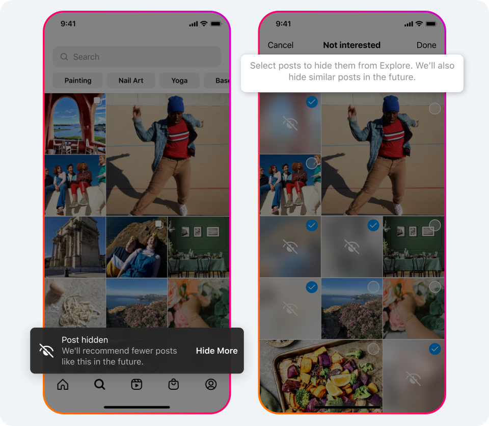 Two side-by-side screenshots of the Instagram Explore feed. The first screenshot shows the ‘Hide more’ dialogue that appears after selecting ‘Not Interested’, and the second shows the multi-select tool in action.